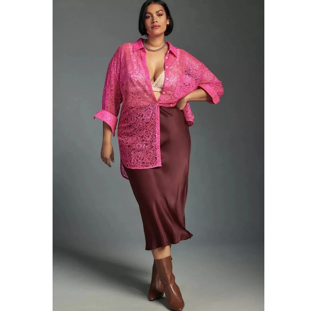 Anthropologie Button Down Shirt XLP Hot Pink Metallic Floral Lace Long Sleeve